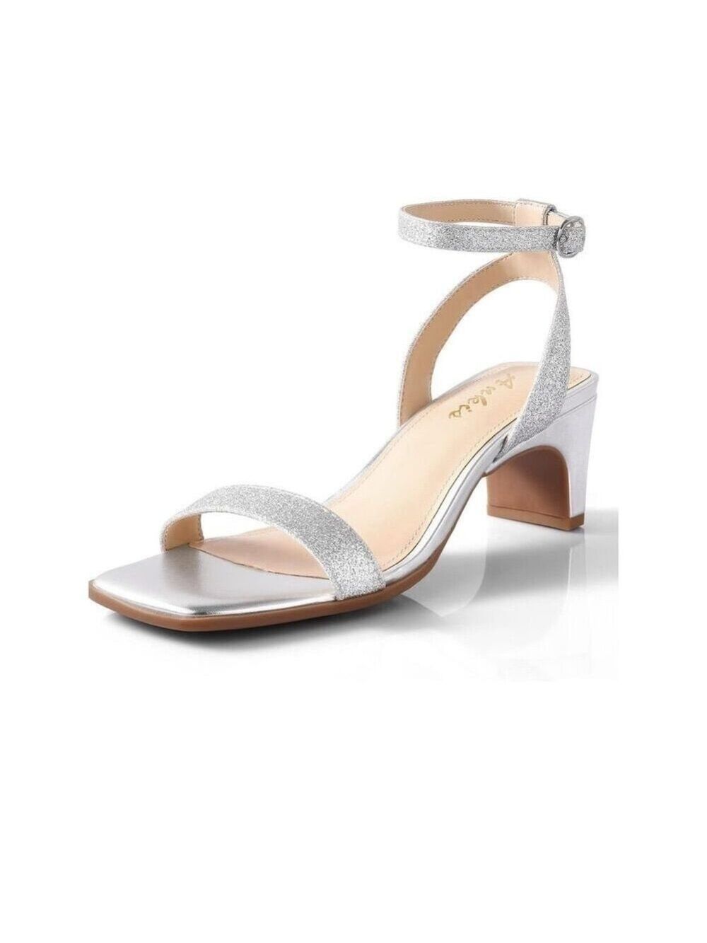 Ankis Silver Glitter Ankle Strap Block Heel Sandals Size 8.5